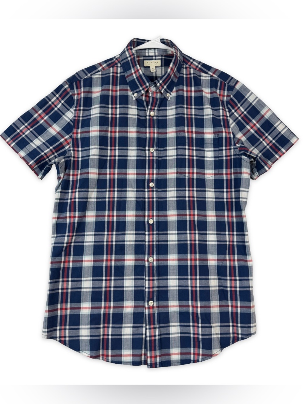 Sonoma Button Down Shirt Mens M Medium Blue Red Plaid Short Sleeve Cotton